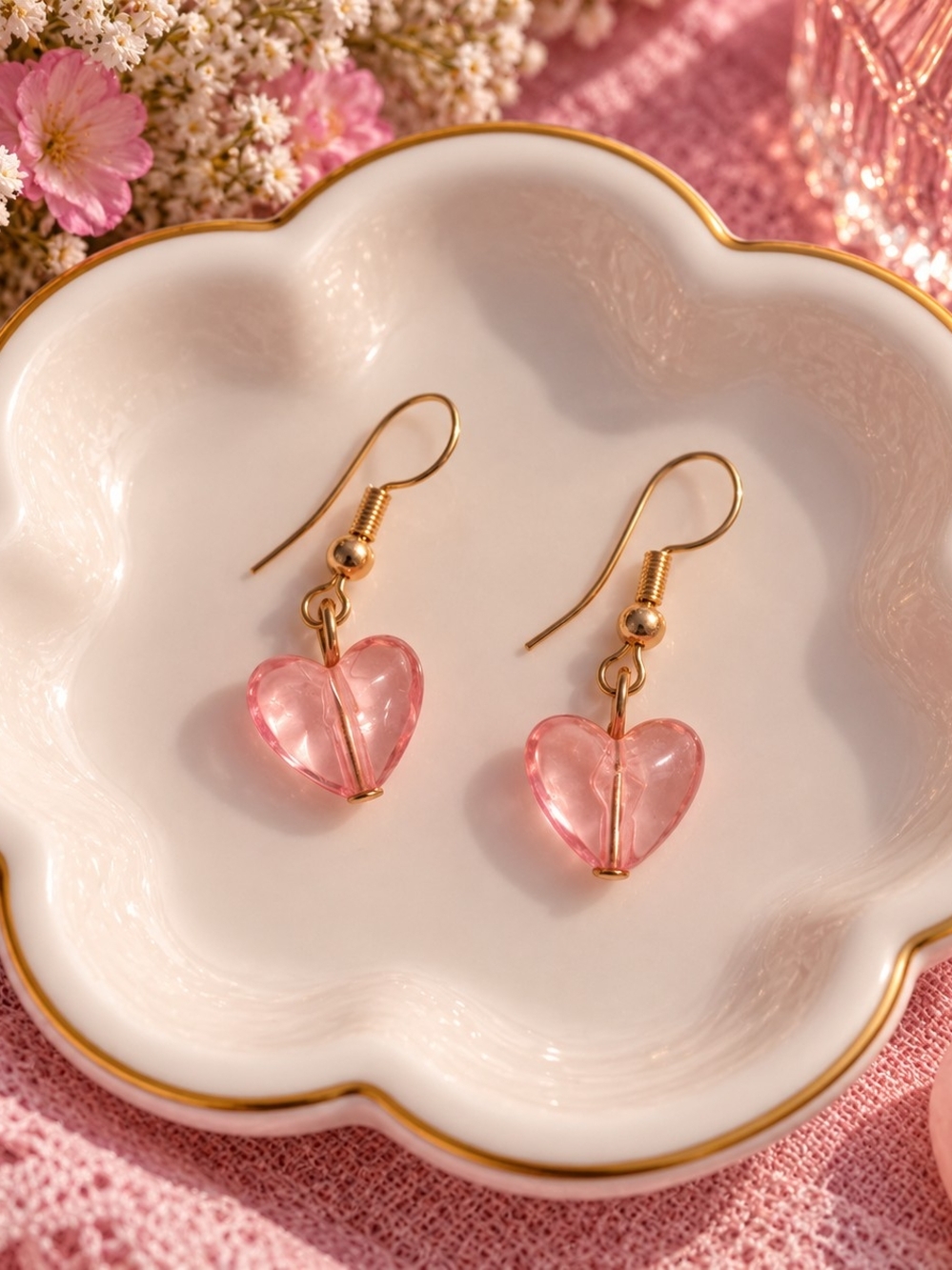 Pink Transparent Heart Dangle Earrings New
